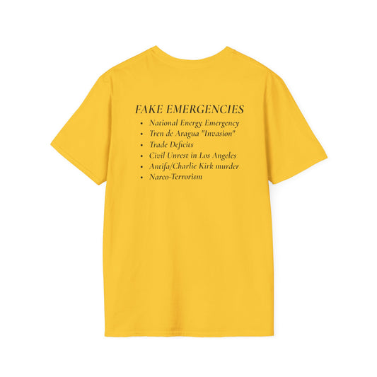 The Tyrant’s Pretext T-Shirt – Aesop Quote Front & Fake Emergencies Back – Yellow edition