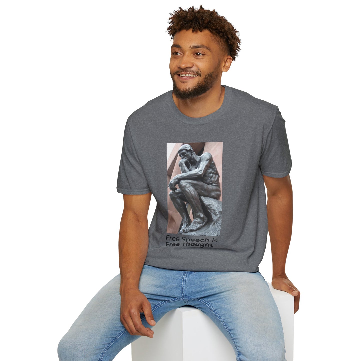 The Thinker Free Speech T-Shirt – Free Thought First Amendment Tee – Profile View – Graphite Heather