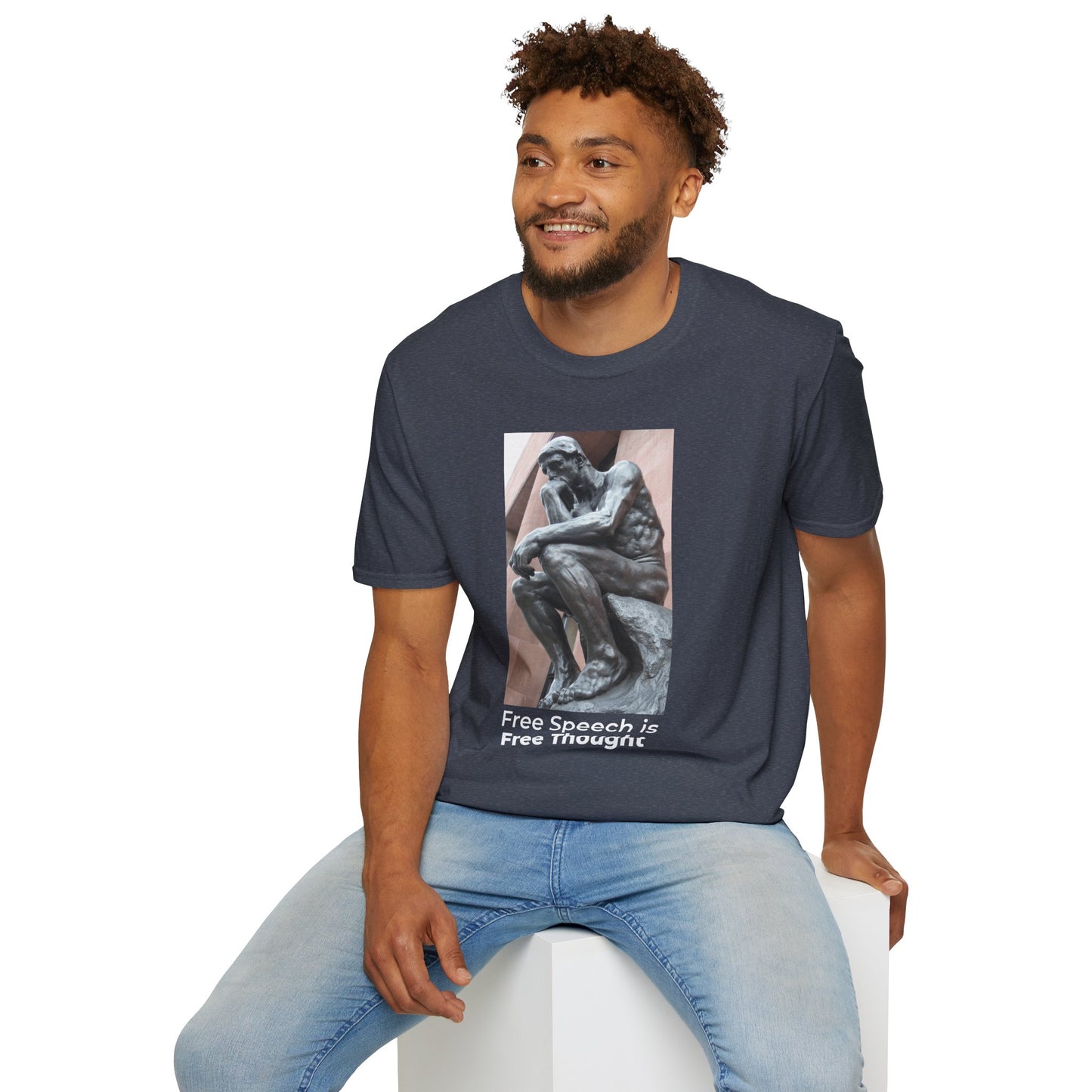Thinker Statement T-Shirt II – Free Speech Is Free Thought in Heather Navy