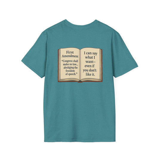 Flipping Off Tyranny: The First Amendment Speaks — Two-Sided GALAPAGOS BLUE Statement Tee