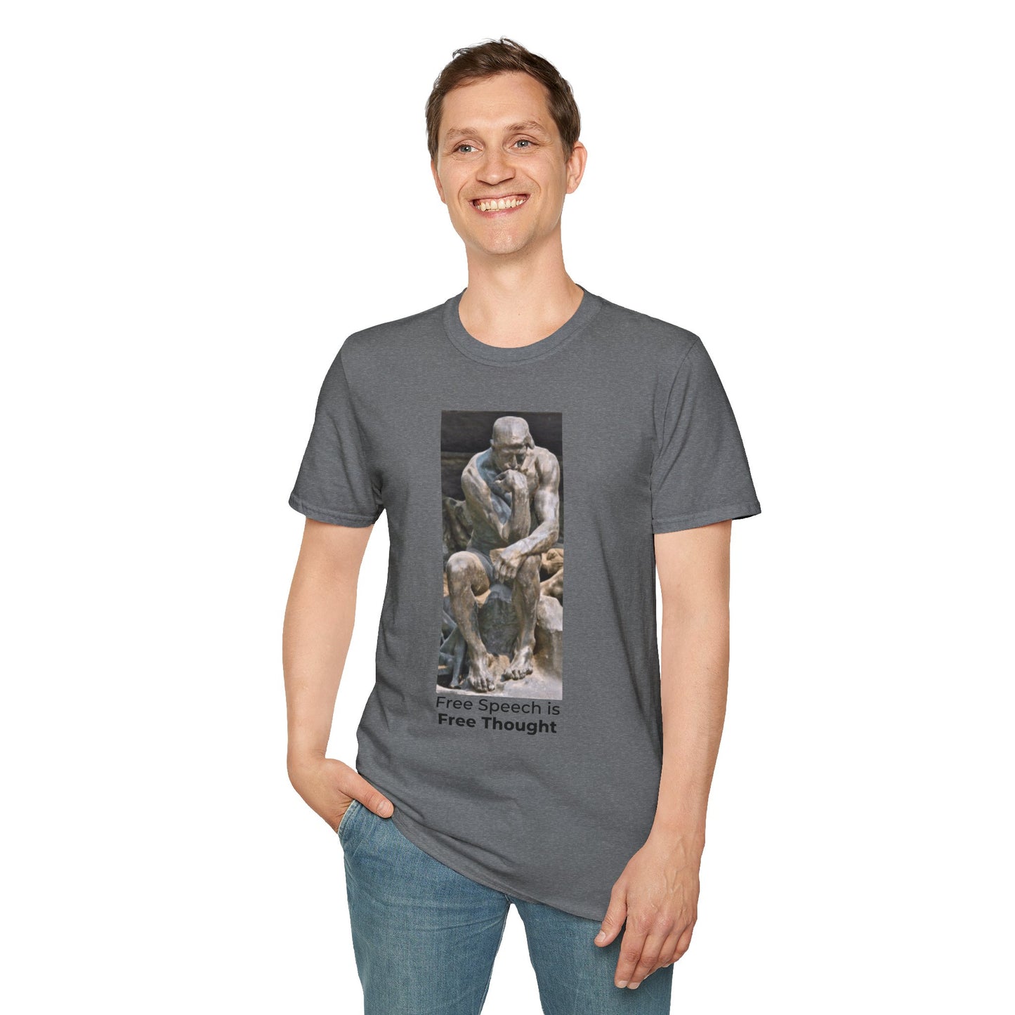 Thinker Statement T-Shirt I – Free Speech Is Free Thought in Graphite Heather
