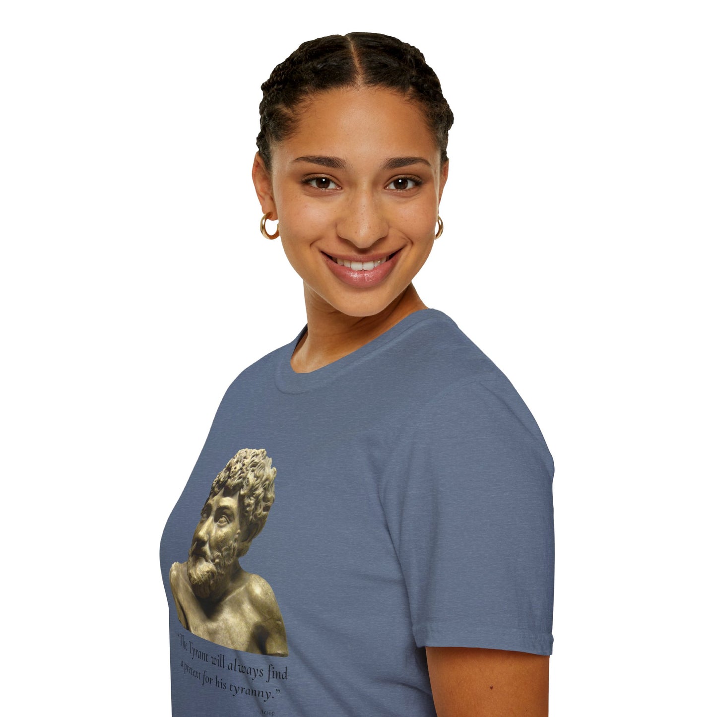 Two-Sided Tyranny Quote T-Shirt – Aesop Front / Crisis Pretexts Back – Heather Indigo
