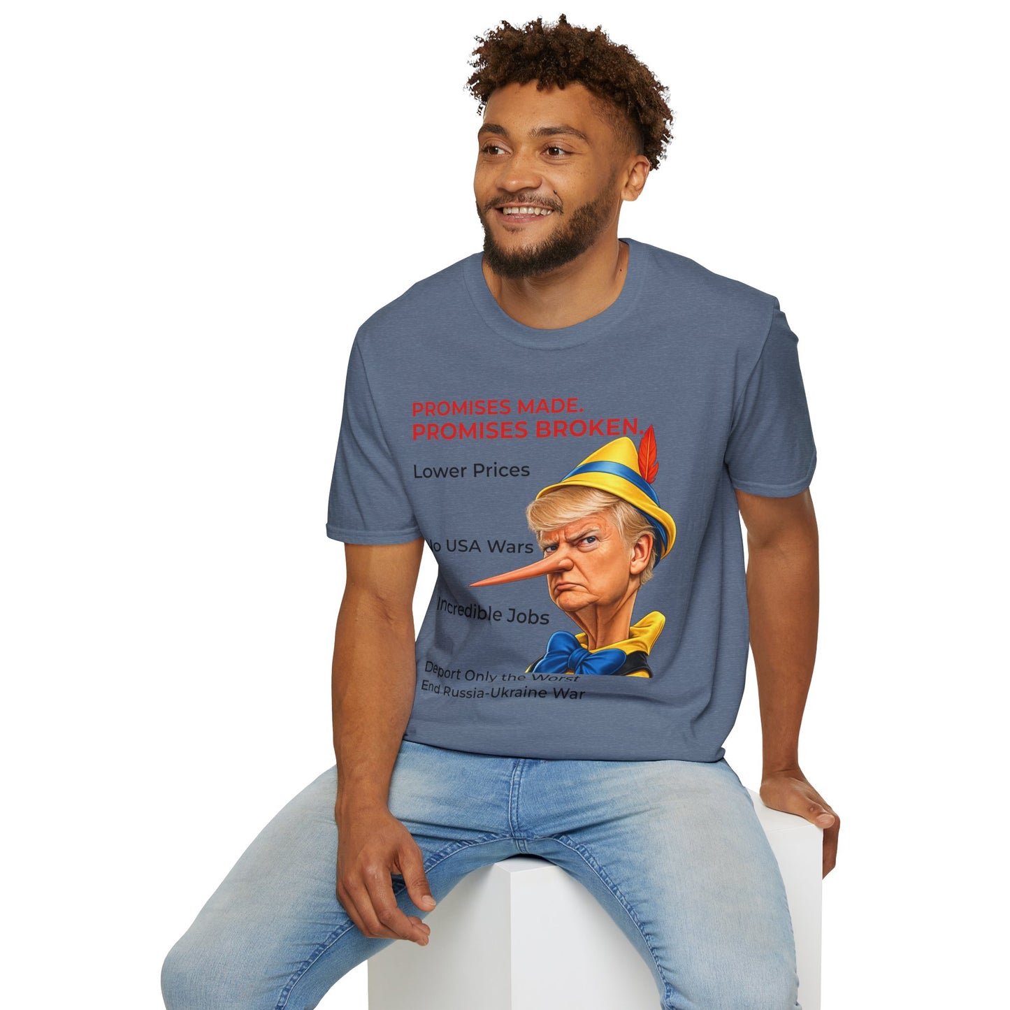 Trump Pinocchio Shirt – Promises Made Promises Broken Political Tee – Heather Indigo