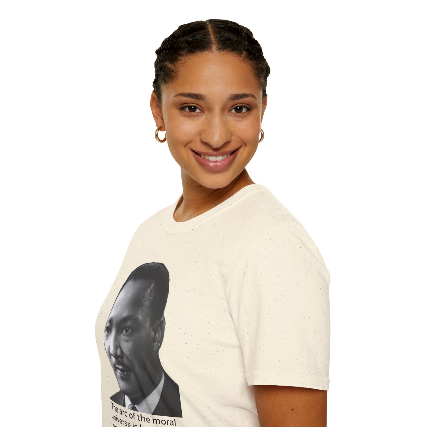 Martin Luther King Jr. Moral Arc Quote Tee – Justice Portrait Shirt (Natural)