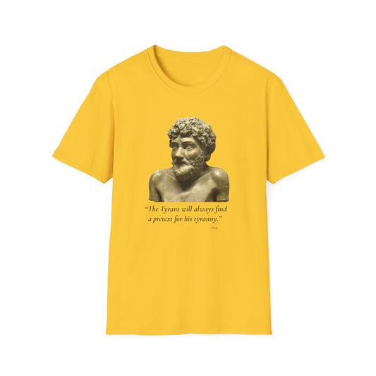 The Tyrant’s Pretext T-Shirt – Aesop Quote Front & Fake Emergencies Back – Yellow edition