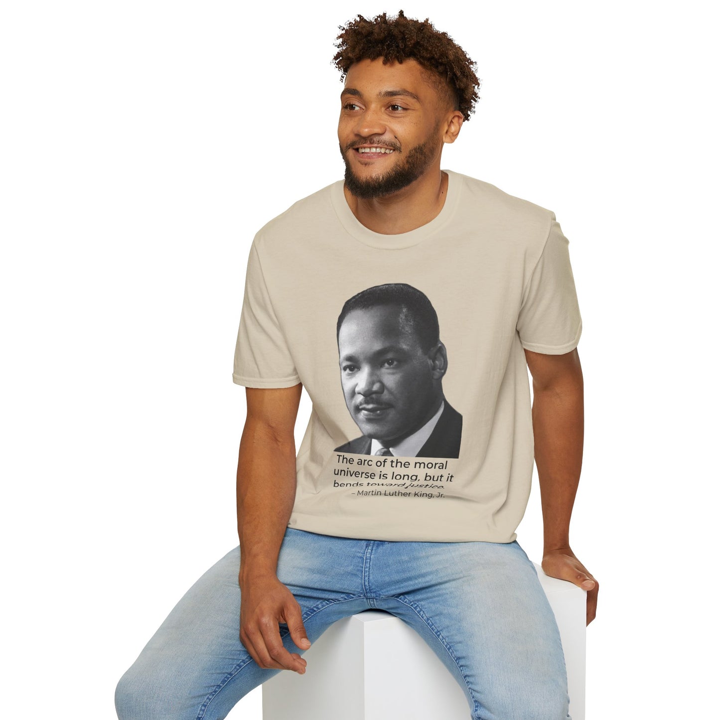 Martin Luther King Jr. Moral Arc Quote Tee – Justice Portrait Shirt (Sand)