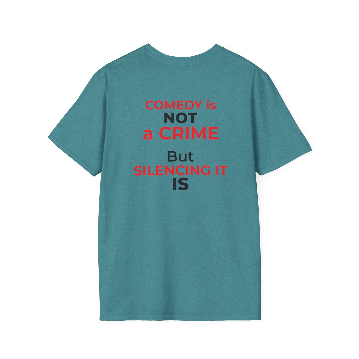 Comedy Is Not a Crime – Silencing It Is – Jimmy Kimmel Tee – Heather Galapagos Blue