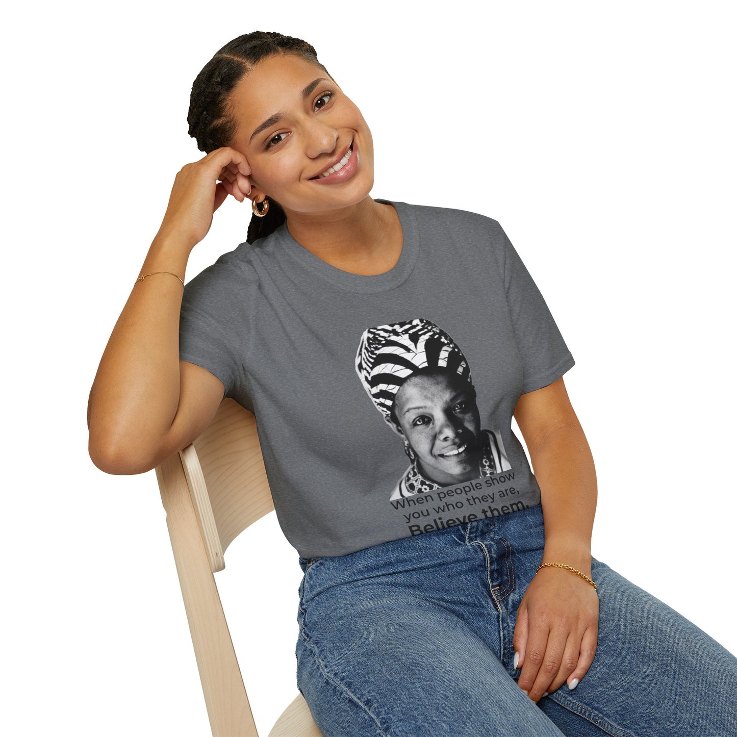 Believe Them – Maya Angelou Quote Portrait Tee (Graphite Heather)