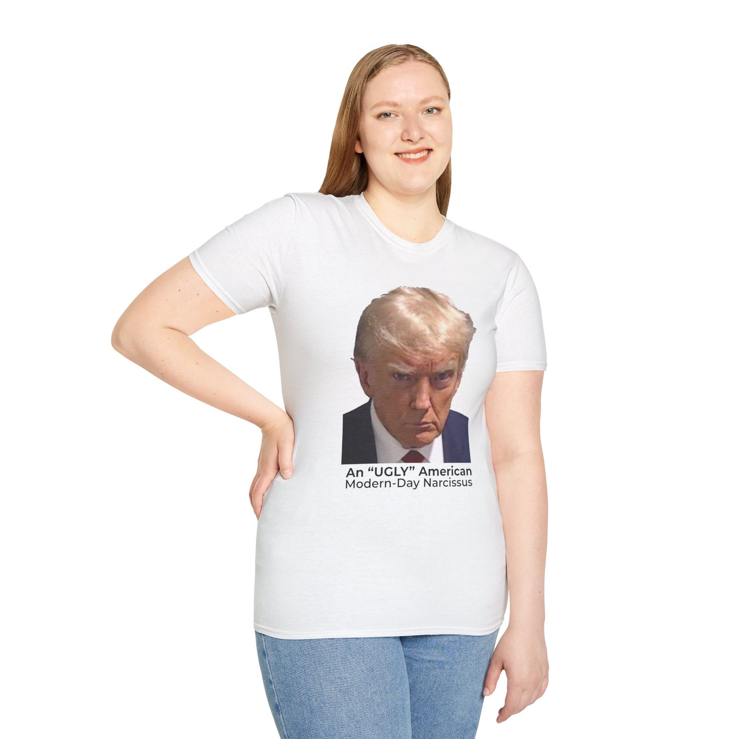 An “Ugly” American & Modern-Day Narcissus T-Shirt – Two-Sided Political Satire Tee
