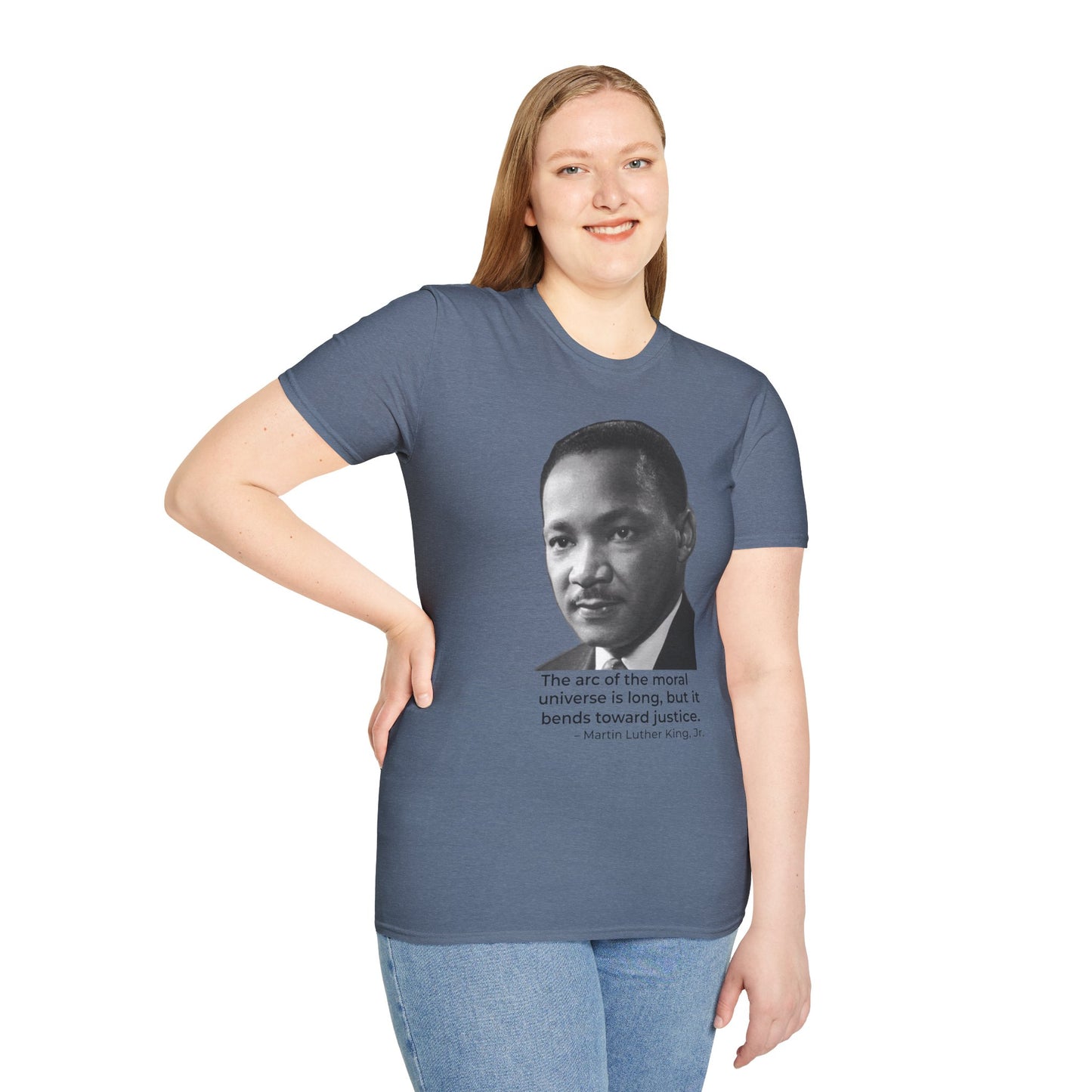 Martin Luther King Jr. Moral Arc Quote Tee – Justice Portrait Shirt (Heather Indigo)