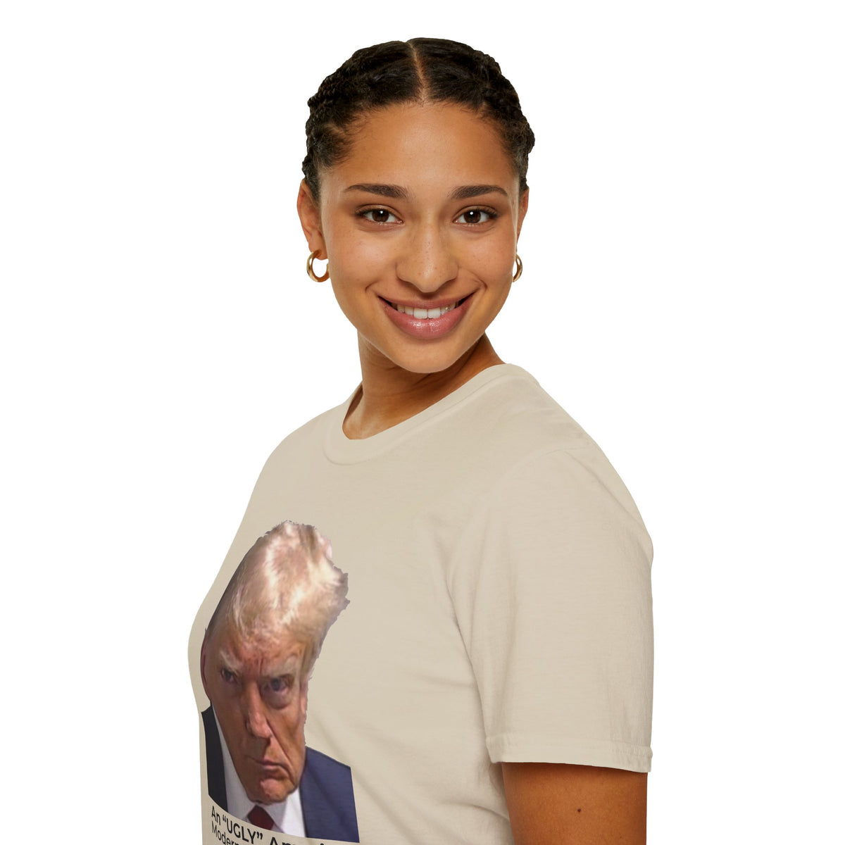 An Ugly American & Modern-Day Narcissus T-Shirt – Two-Sided Political Satire Tee – Sand