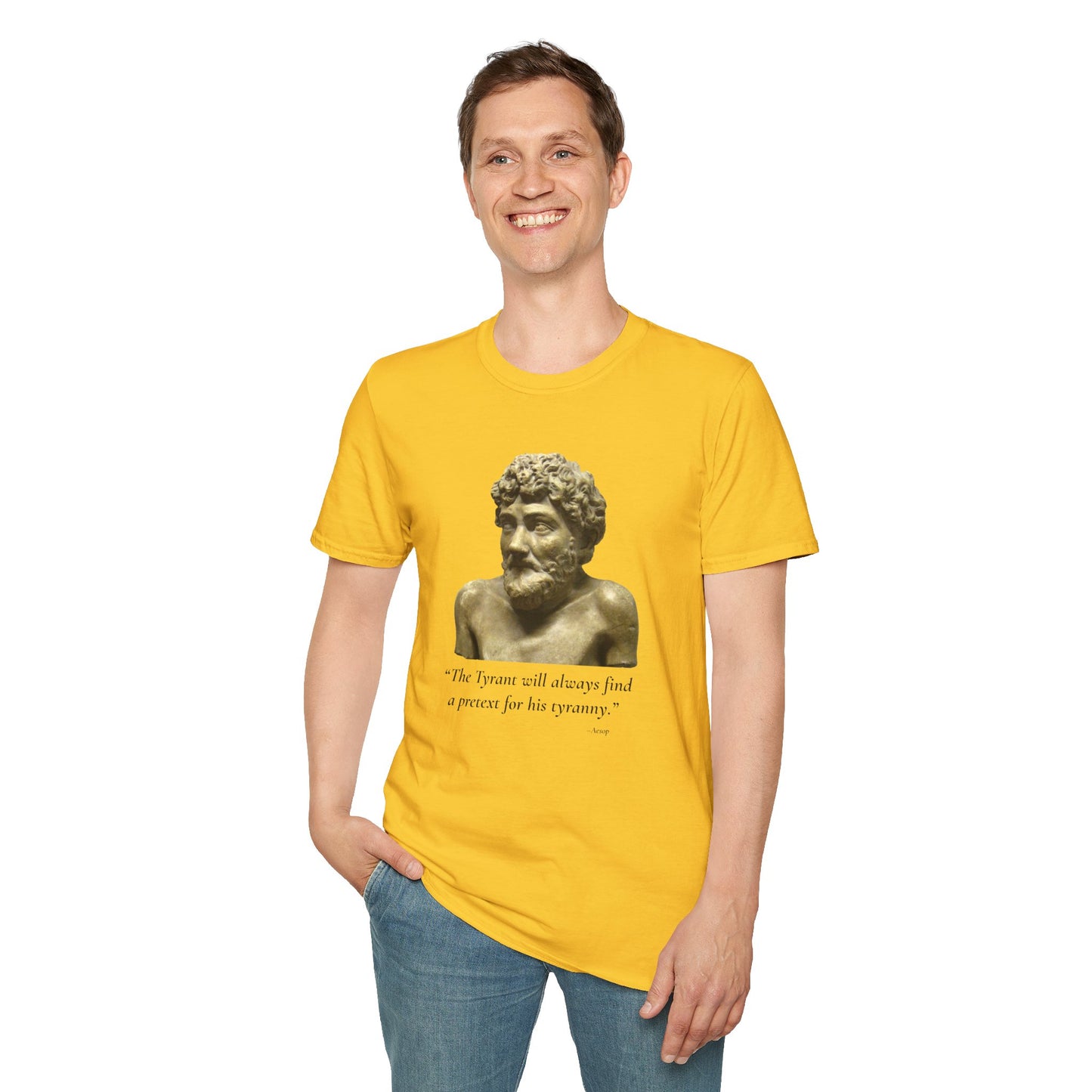 The Tyrant’s Pretext T-Shirt – Aesop Quote Front & Fake Emergencies Back – Yellow edition