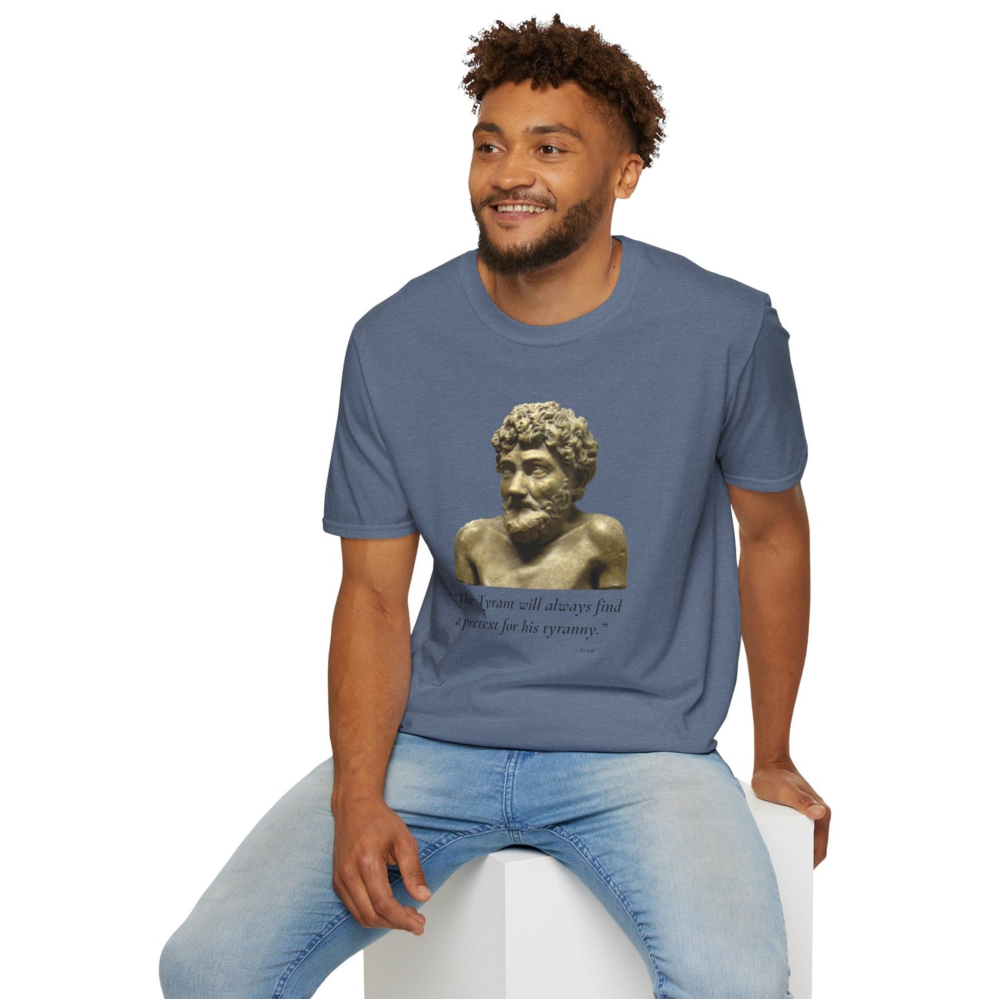 Two-Sided Tyranny Quote T-Shirt – Aesop Front / Crisis Pretexts Back – Heather Indigo
