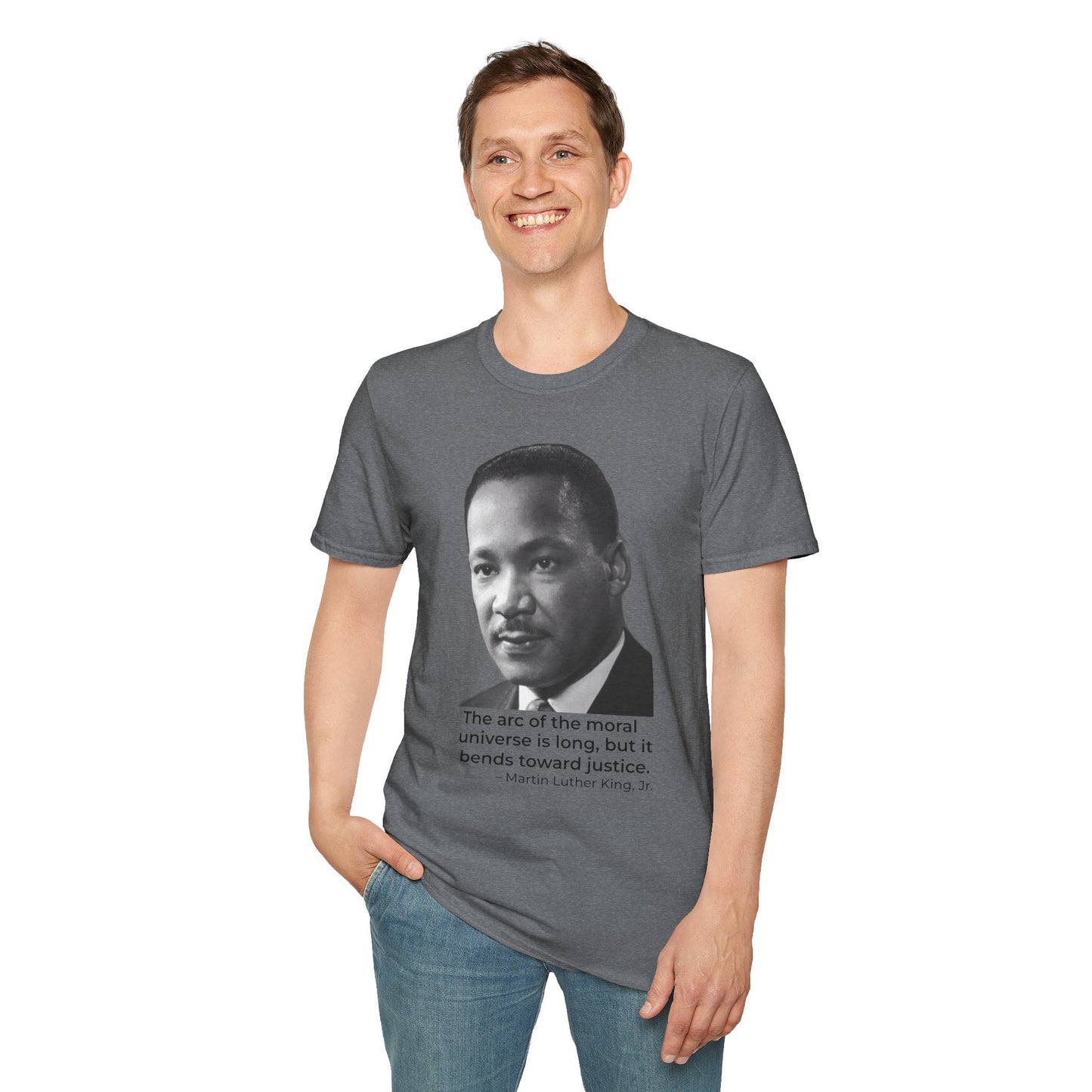 Martin Luther King Jr. Moral Arc Quote Tee – Justice Portrait Shirt (Graphite Heather)