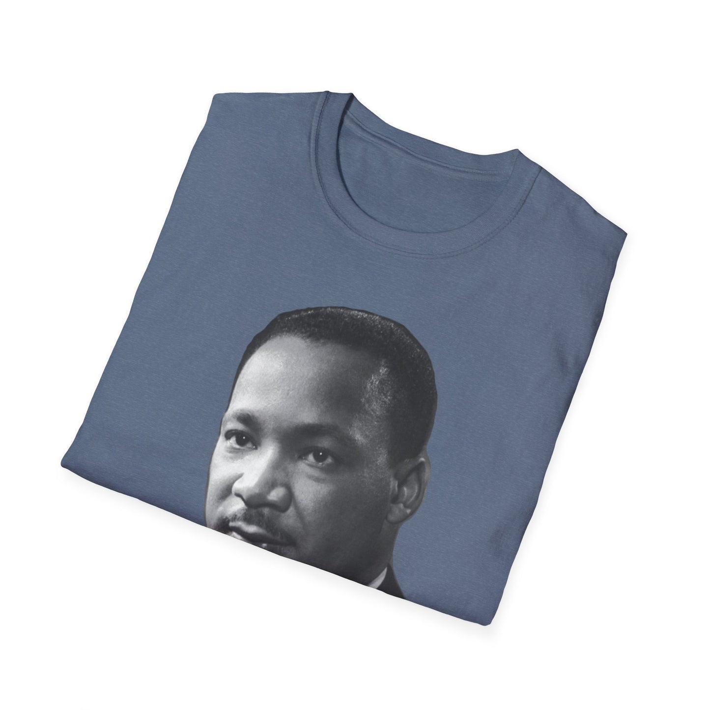 Martin Luther King Jr. Moral Arc Quote Tee – Justice Portrait Shirt (Heather Indigo)