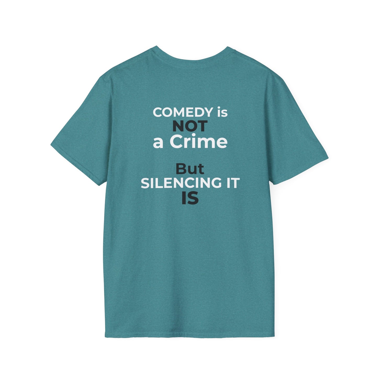 Stephen Colbert Shirt – Comedy Is Not a Crime Political T-Shirt — Heather Galapagos Blue