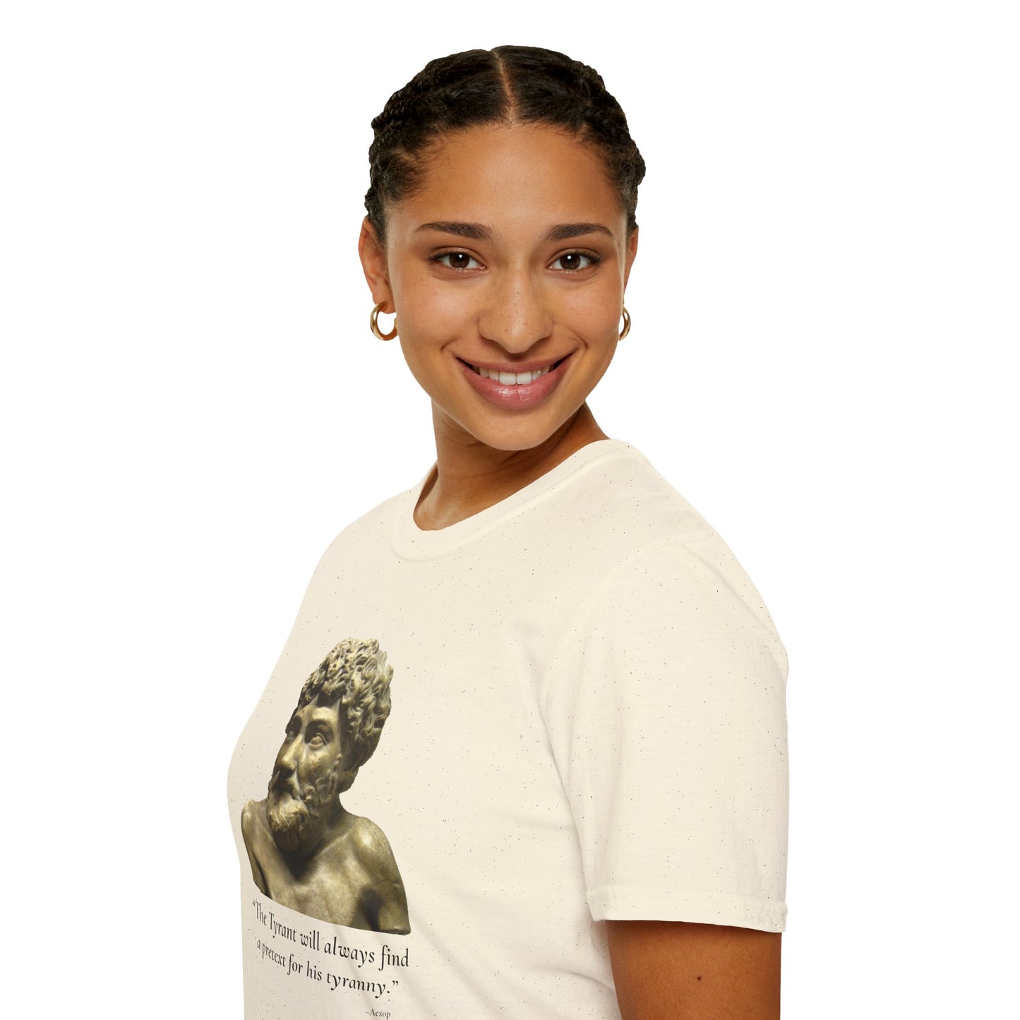 Two-Sided Tyranny Quote T-Shirt – Aesop Front / Crisis Pretexts Back – Natural
