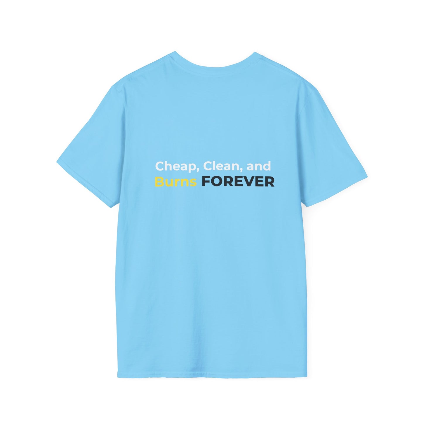 Cheap, Clean, and Burns Forever Sun T-Shirt | Sky Blue Solar Power Tee