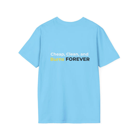 Cheap, Clean, and Burns Forever Sun T-Shirt | Sky Blue Solar Power Tee