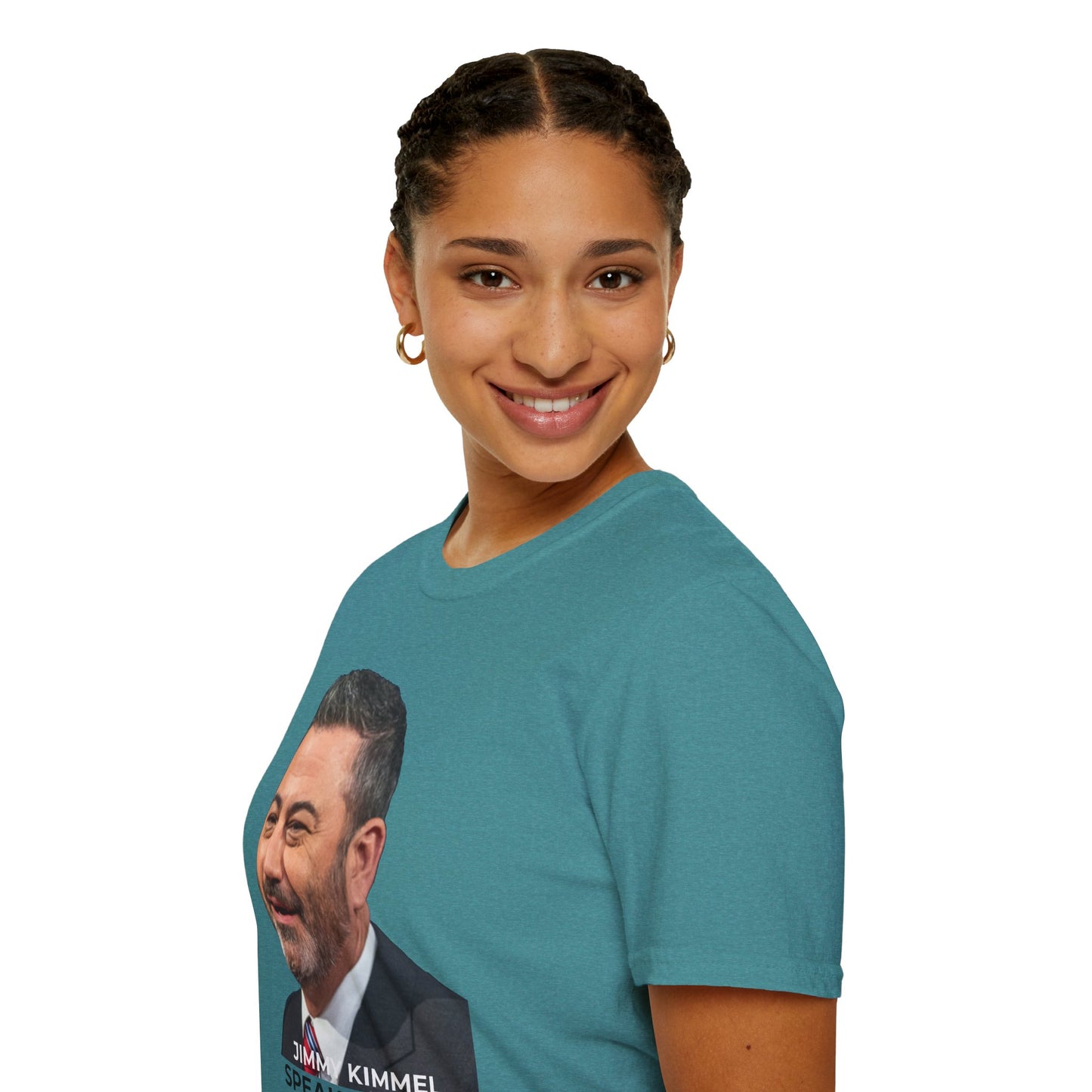 Comedy Is Not a Crime – Silencing It Is – Jimmy Kimmel Tee – Heather Galapagos Blue