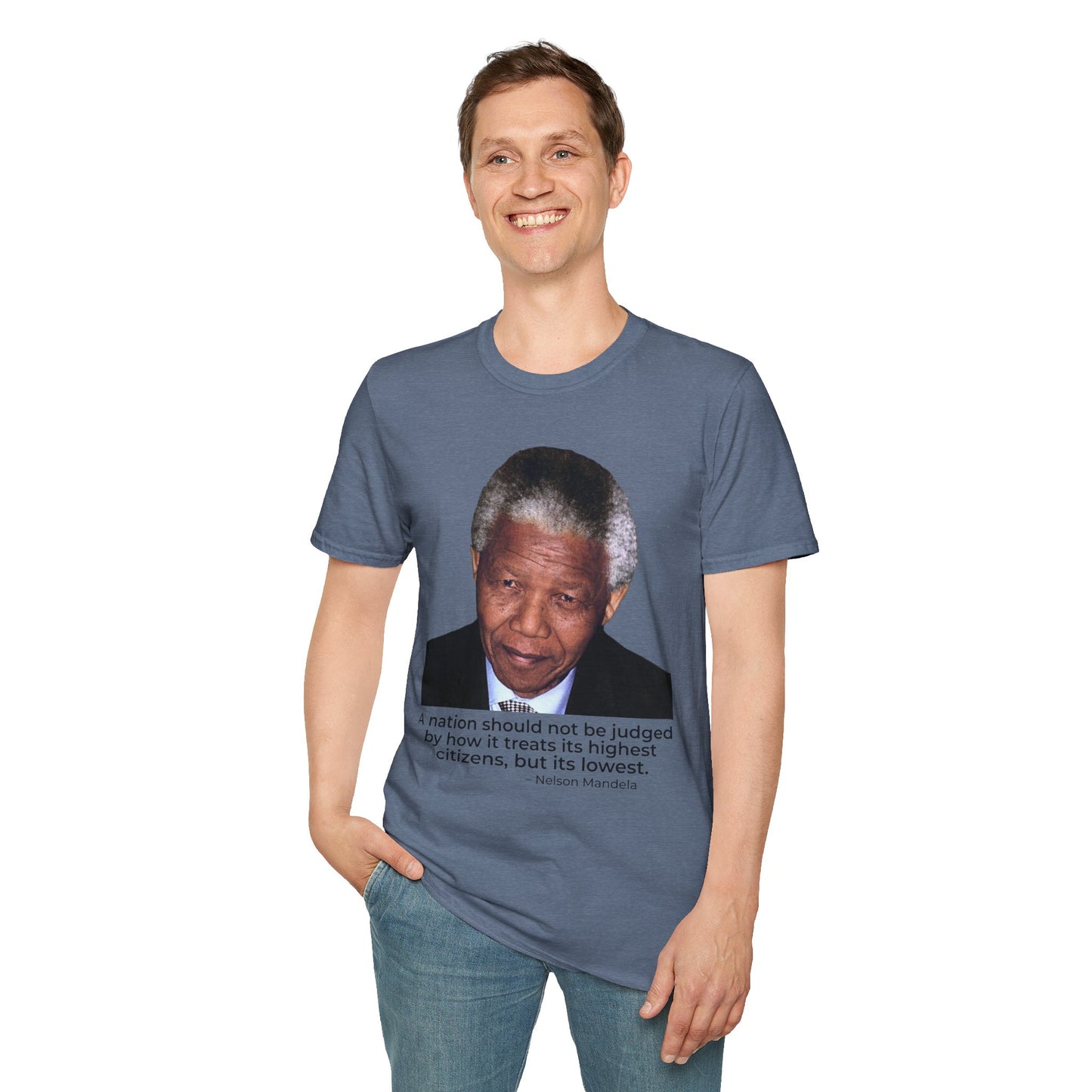 Nelson Mandela Justice Quote T-Shirt – A Nation Is Judged by Its Lowest (Heather Indigo)
