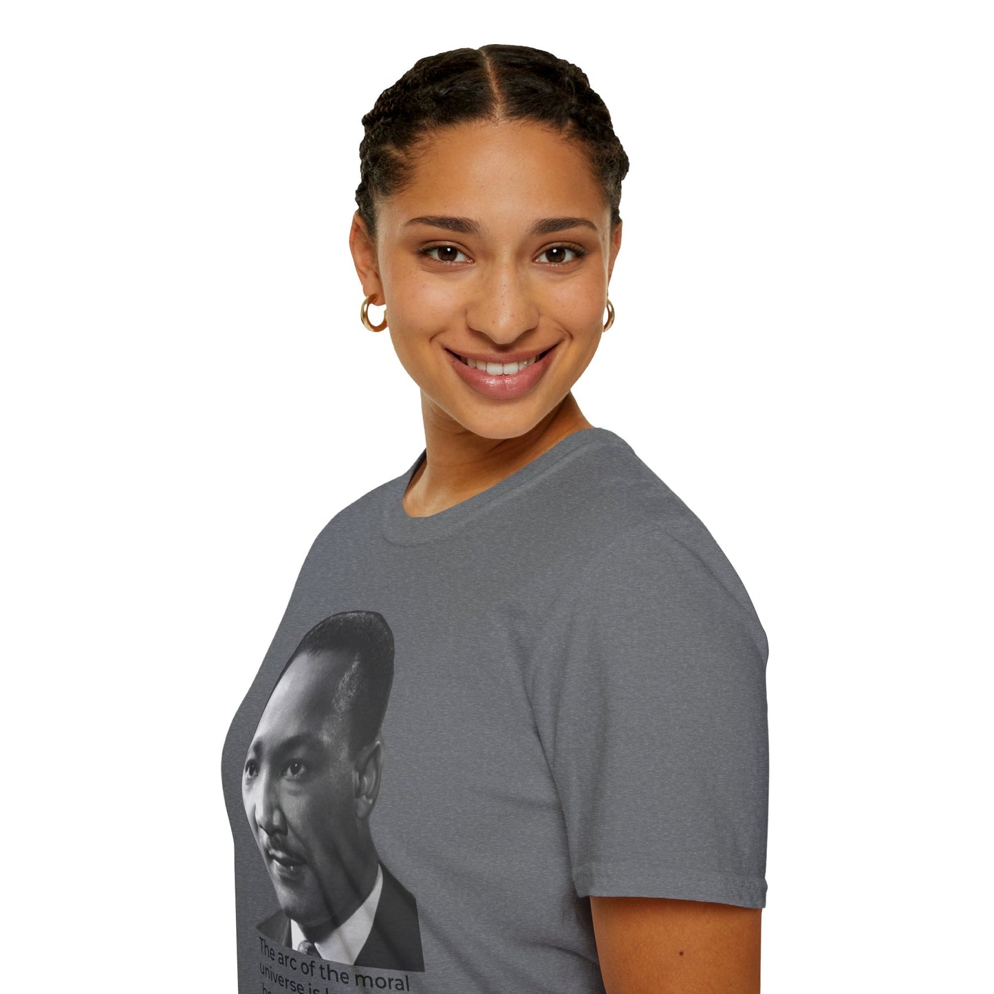 Martin Luther King Jr. Moral Arc Quote Tee – Justice Portrait Shirt (Graphite Heather)