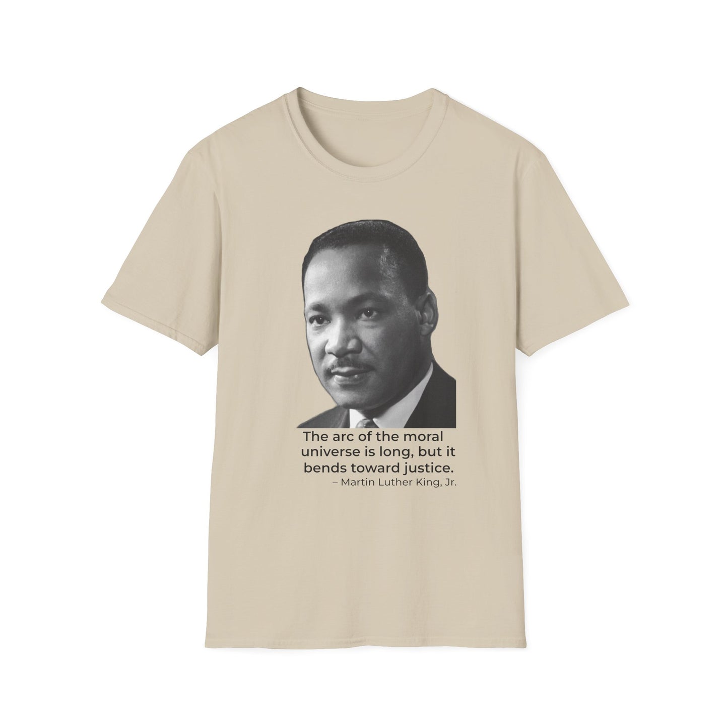Martin Luther King Jr. Moral Arc Quote Tee – Justice Portrait Shirt (Sand)