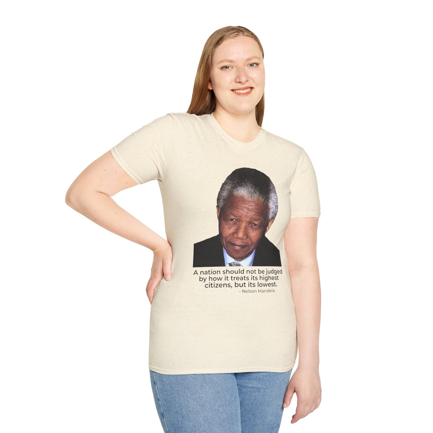 Nelson Mandela Justice Quote T-Shirt – A Nation Is Judged by Its Lowest (Natural)