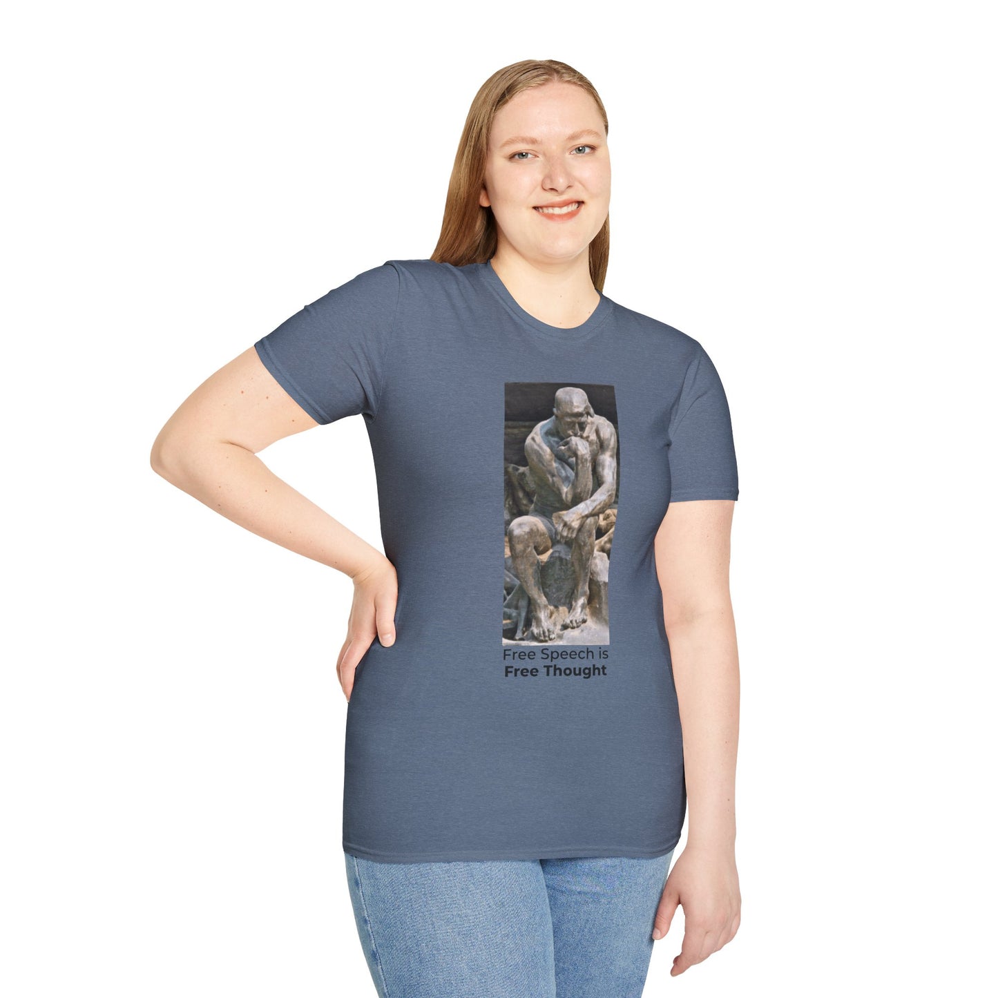 Thinker Statement T-Shirt I – Free Speech Is Free Thought in Heather Indigo