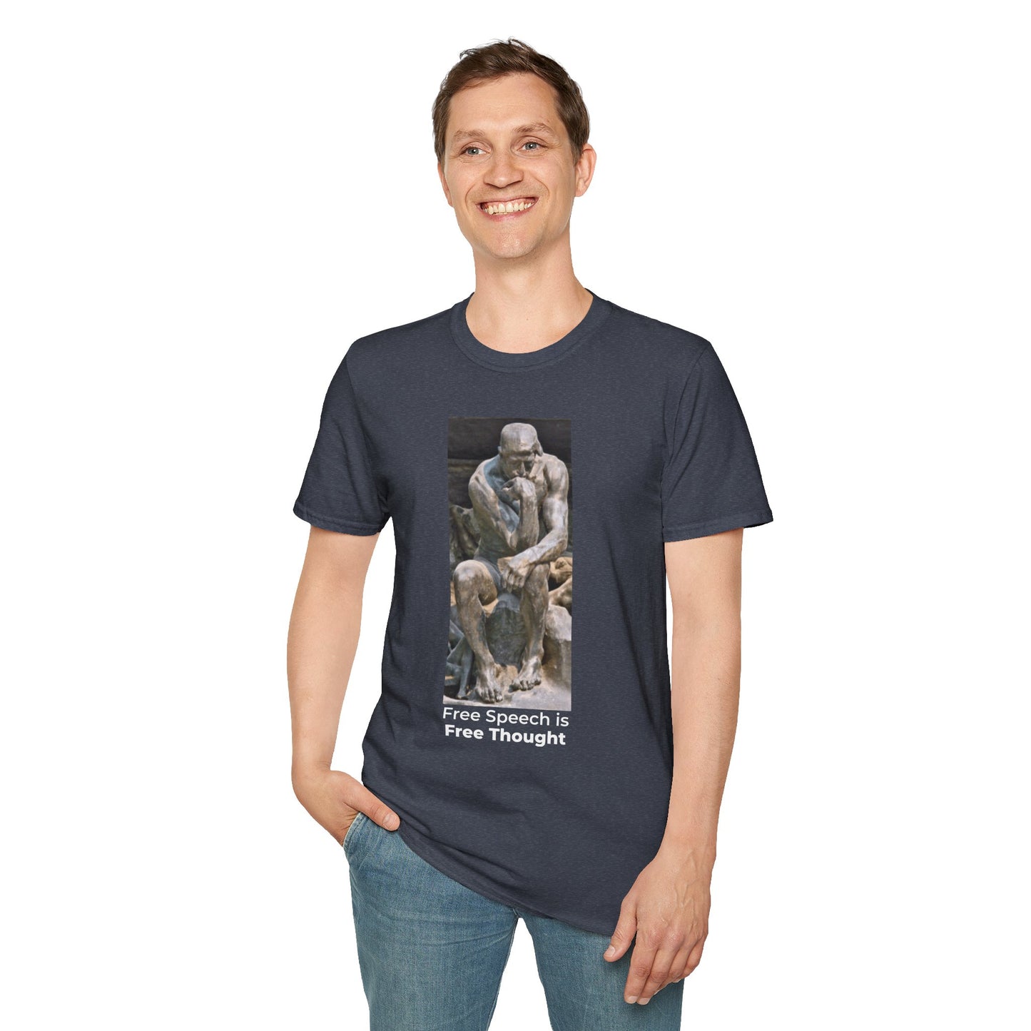 Thinker Statement T-Shirt I – Free Speech Is Free Thought in Heather Navy