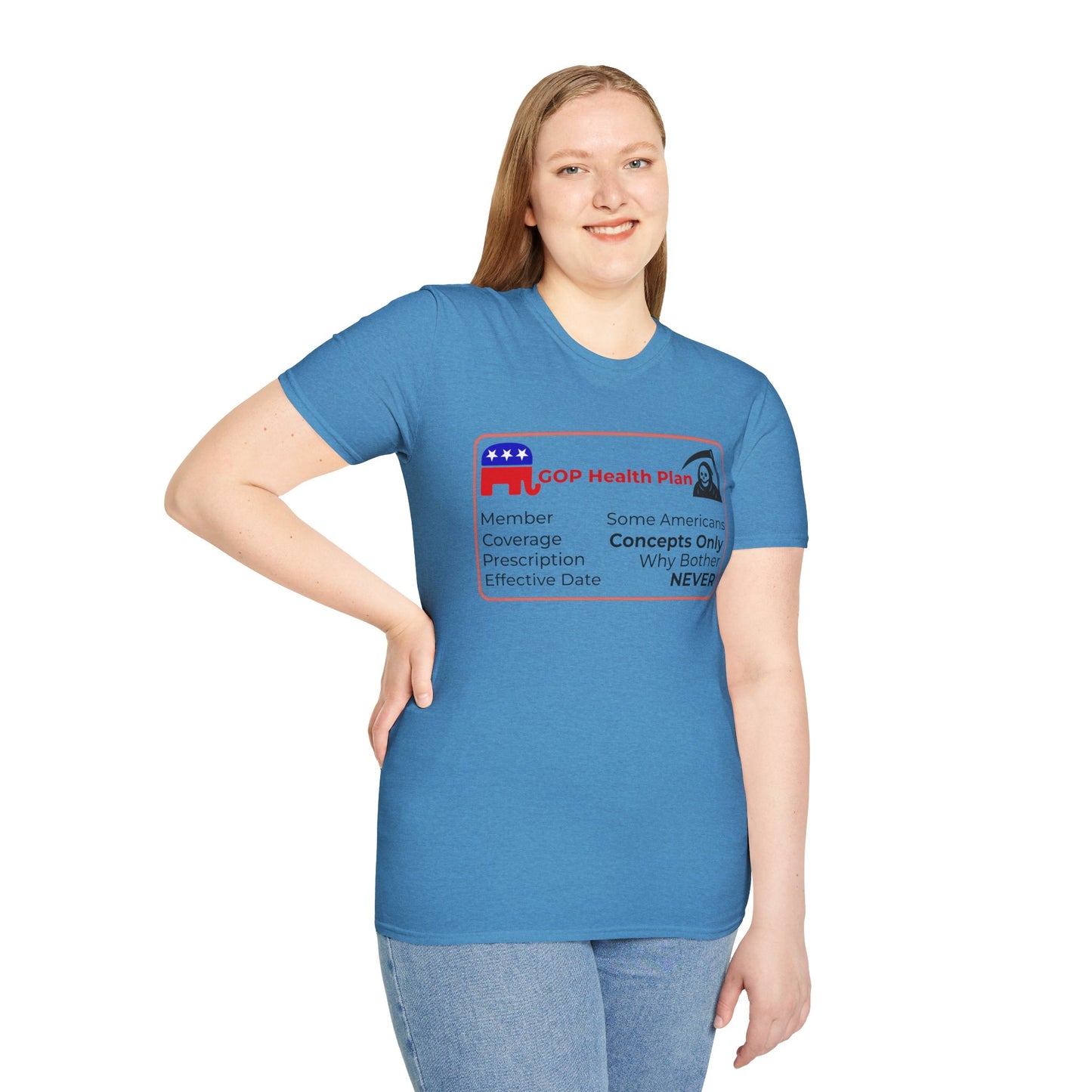 Political Health Plan Satire Insurance Card T-Shirt – Heather Sapphire