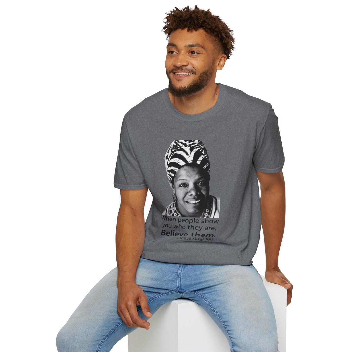 Believe Them – Maya Angelou Quote Portrait Tee (Graphite Heather)