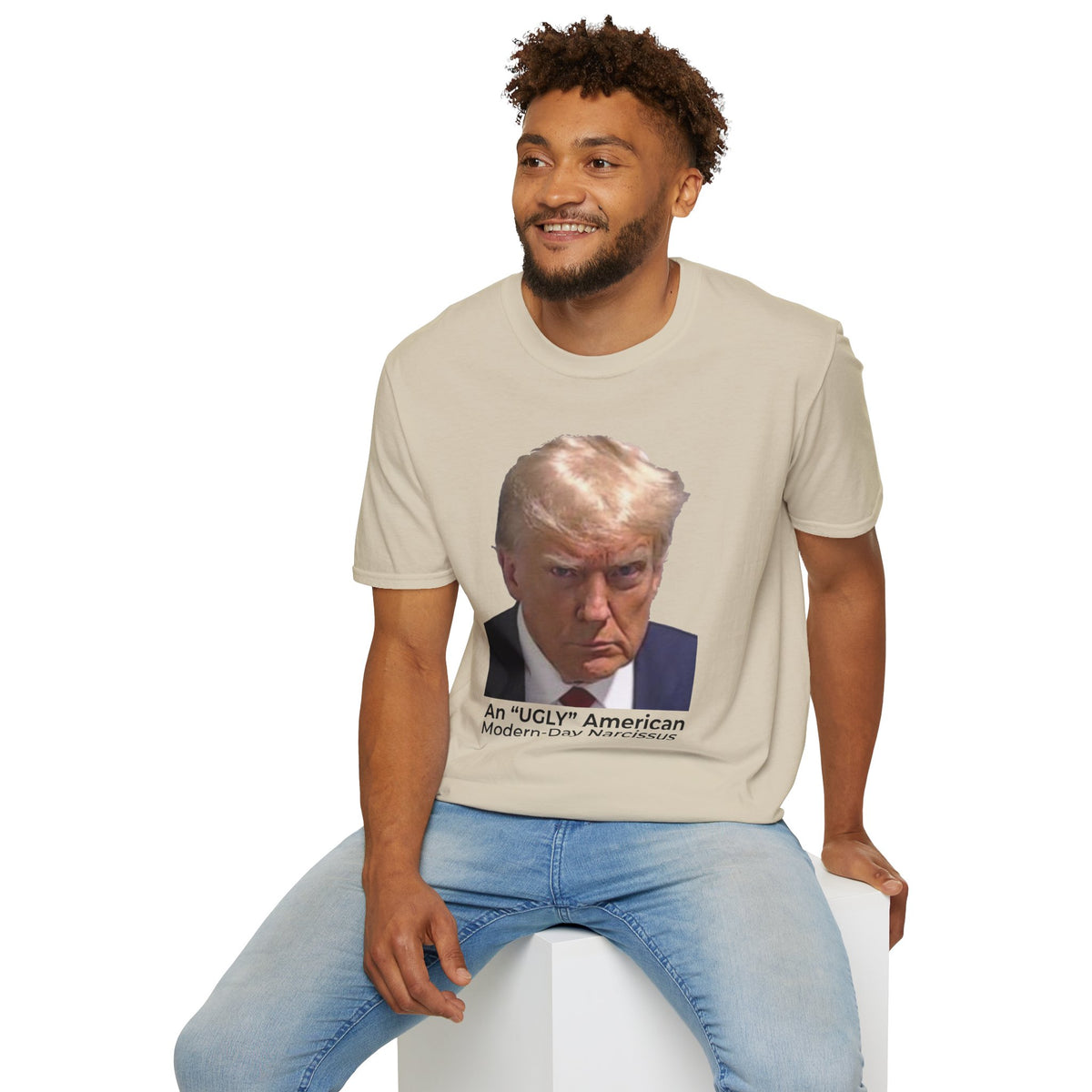 An Ugly American & Modern-Day Narcissus T-Shirt – Two-Sided Political Satire Tee – Sand