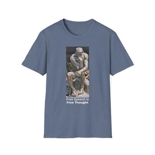 The Thinker Free Speech T-Shirt – Free Thought First Amendment Tee – Classic View – Heather Indigo
