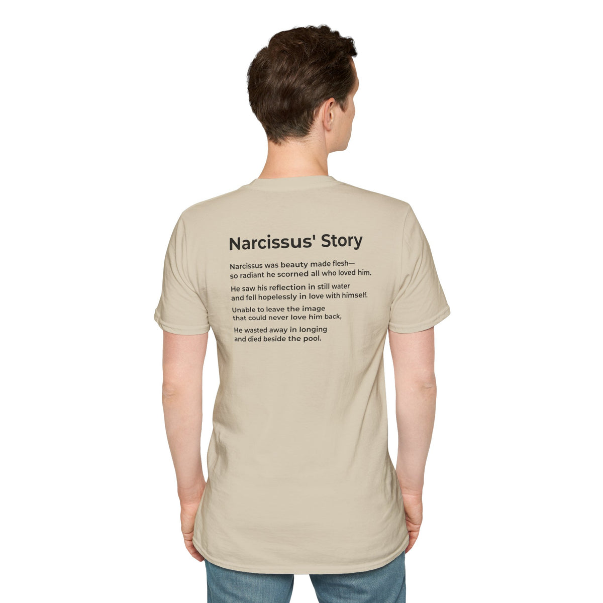 An Ugly American & Modern-Day Narcissus T-Shirt – Two-Sided Political Satire Tee – Sand