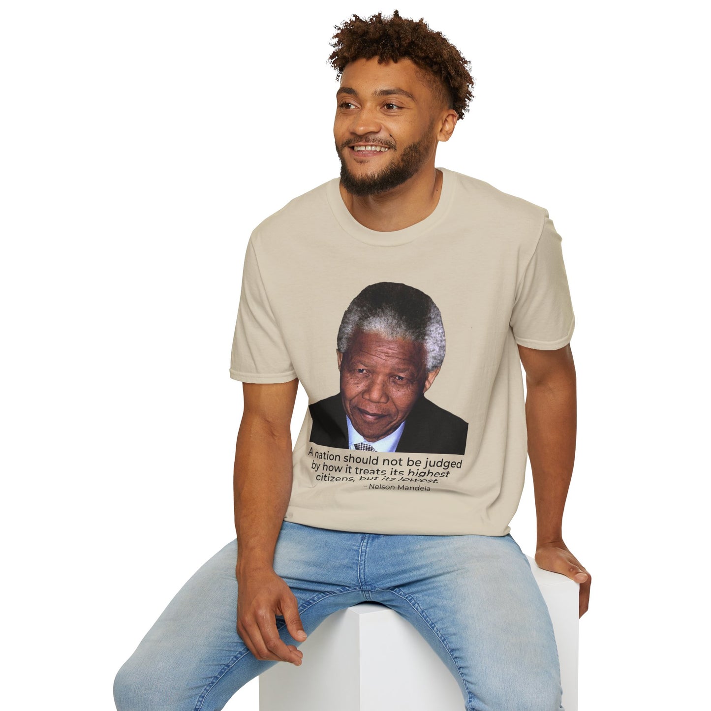 Nelson Mandela Justice Quote T-Shirt – A Nation Is Judged by Its Lowest (Sand)