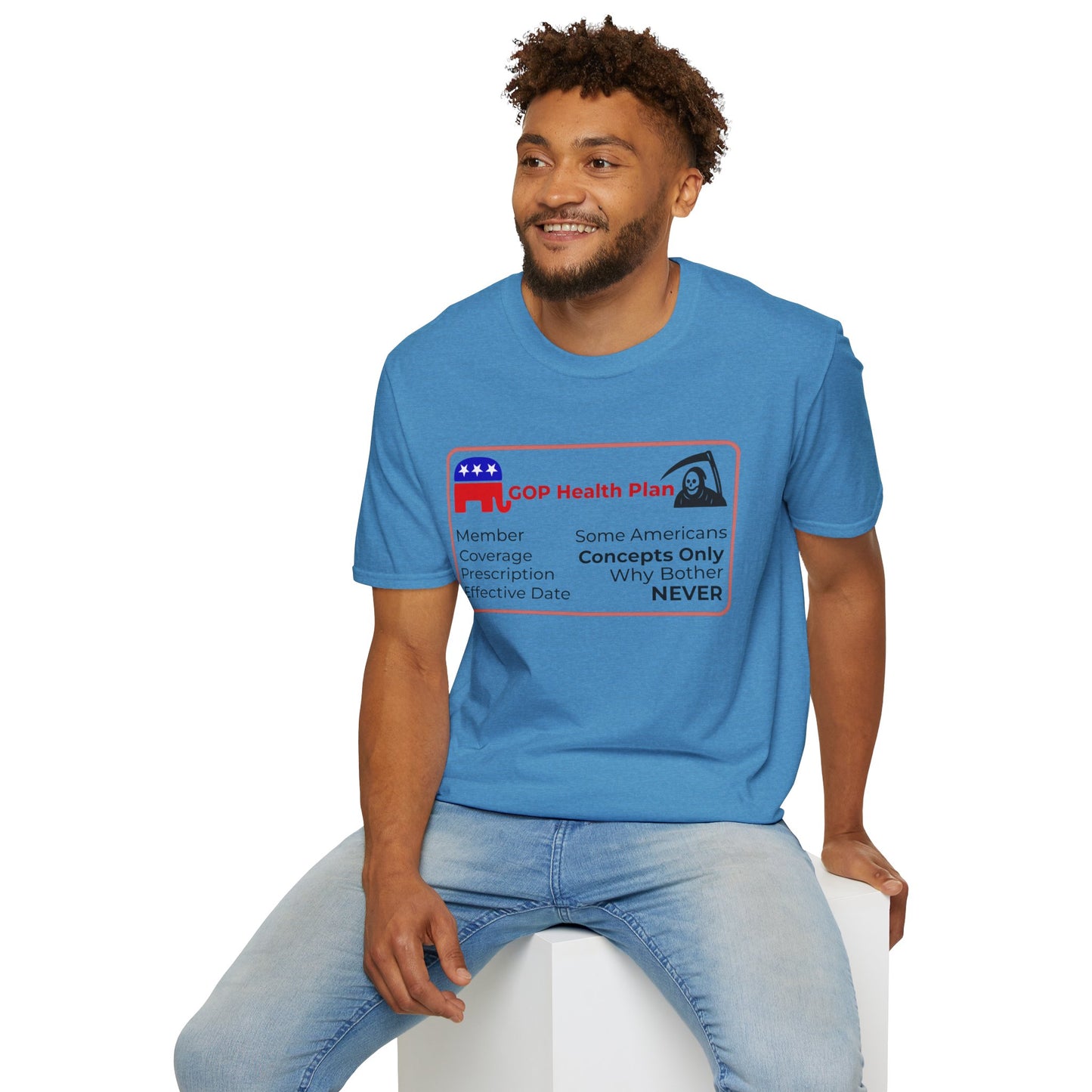 Political Health Plan Satire Insurance Card T-Shirt – Heather Sapphire