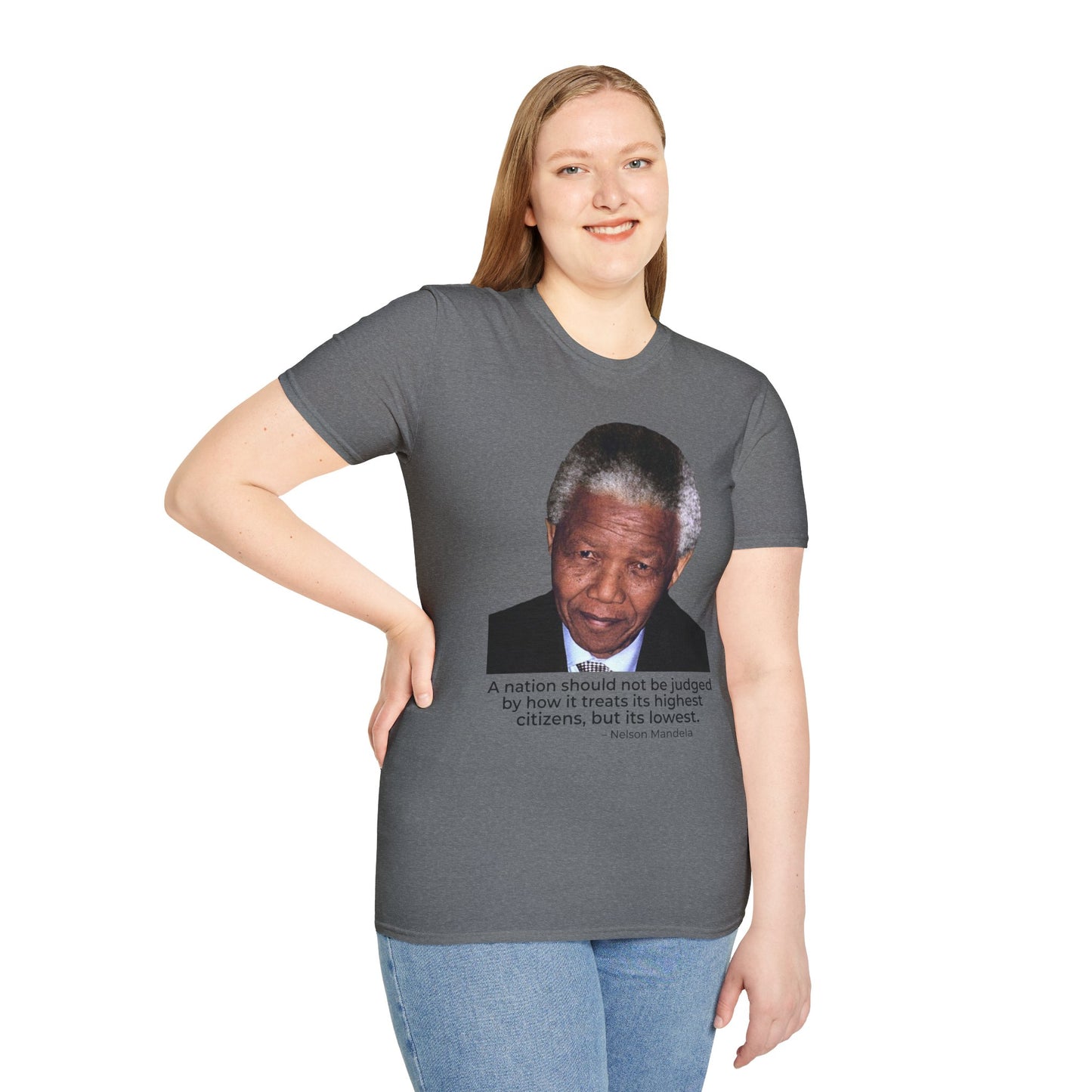 Nelson Mandela Justice Quote T-Shirt – A Nation Is Judged by Its Lowest (Graphite Heather)