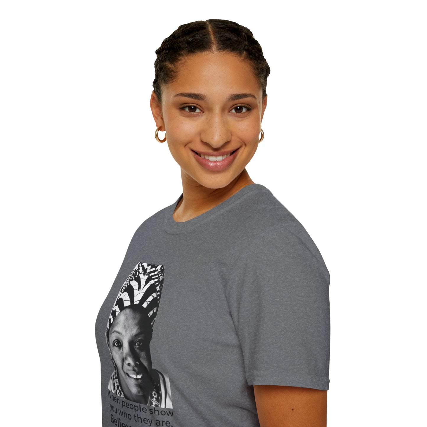 Believe Them – Maya Angelou Quote Portrait Tee (Graphite Heather)