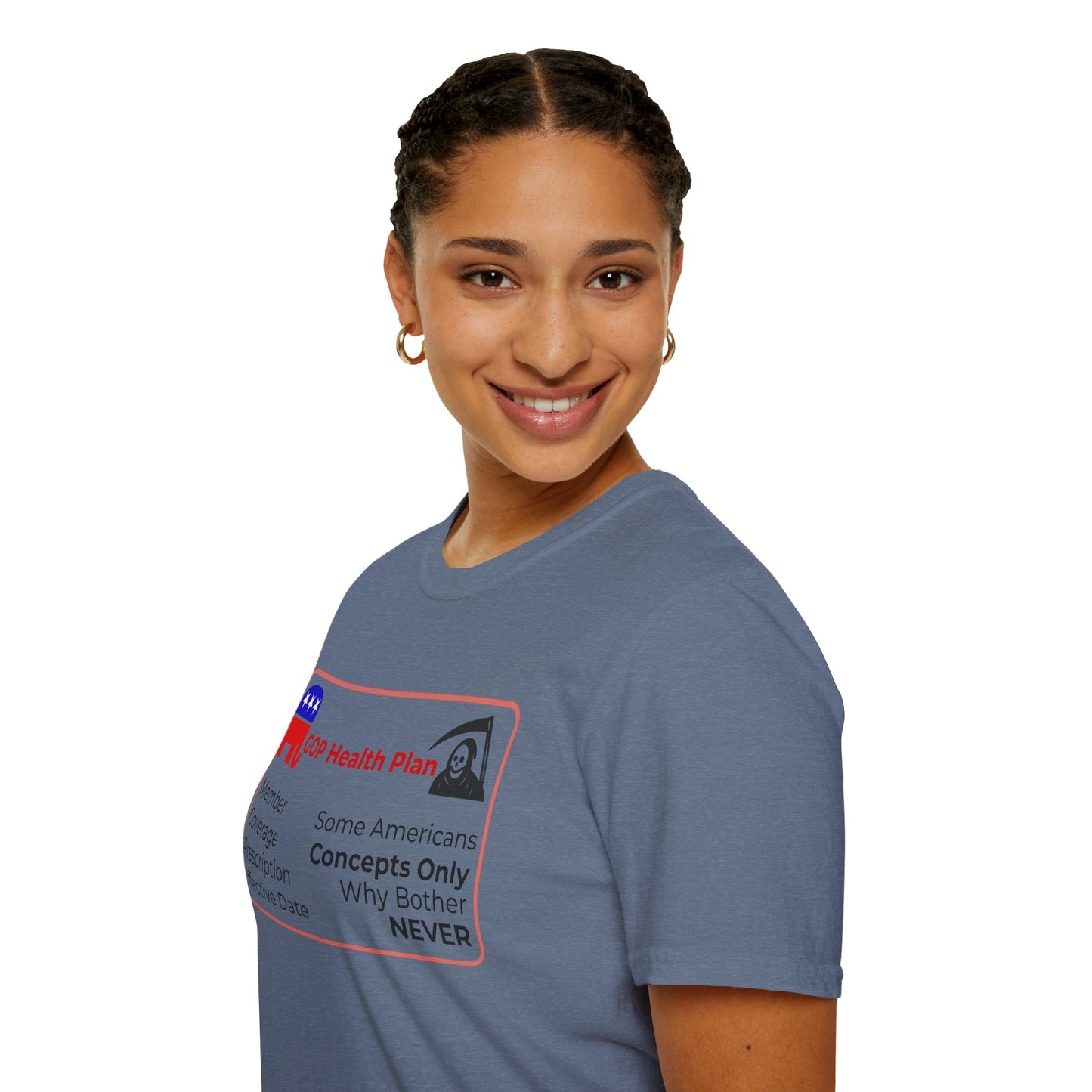 Political Health Plan Satire Insurance Card T-Shirt – Heather Indigo