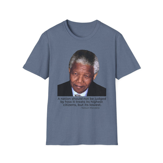 Nelson Mandela Justice Quote T-Shirt – A Nation Is Judged by Its Lowest (Heather Indigo)