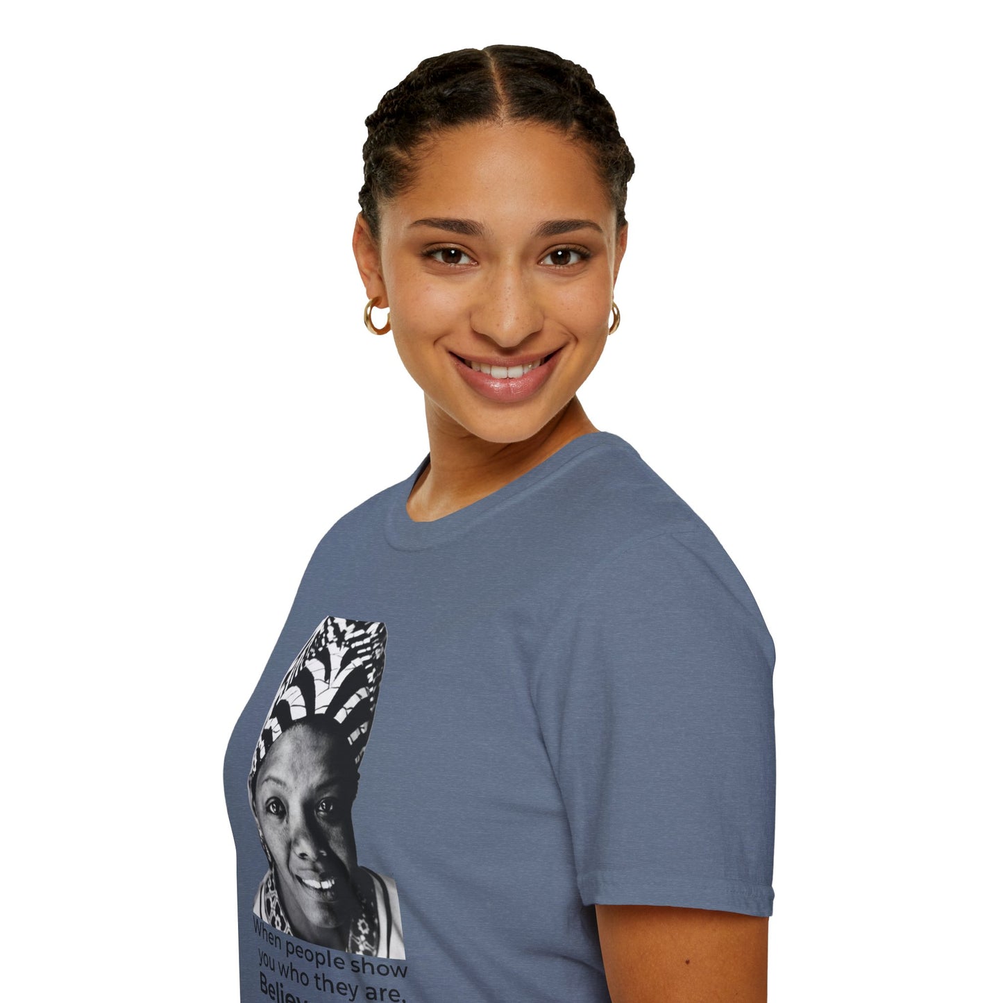 Believe Them – Maya Angelou Quote Portrait Tee (Heather Indigo)