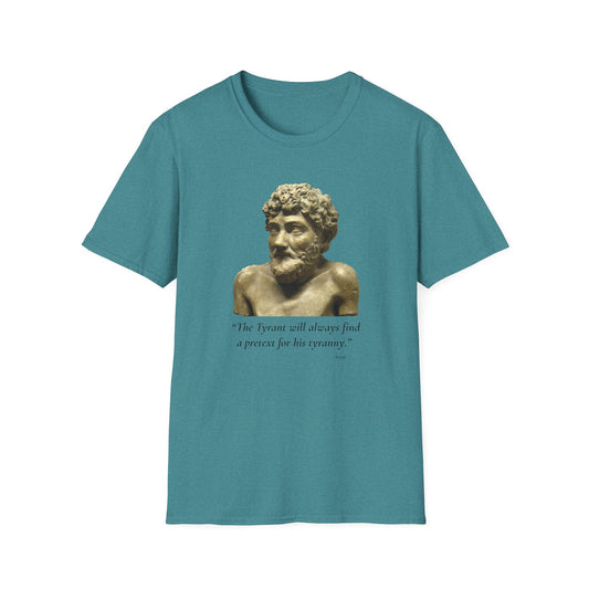 The Tyrant’s Pretext T-Shirt HEATHER GALAPAGOS BLUE– Aesop Quote Front