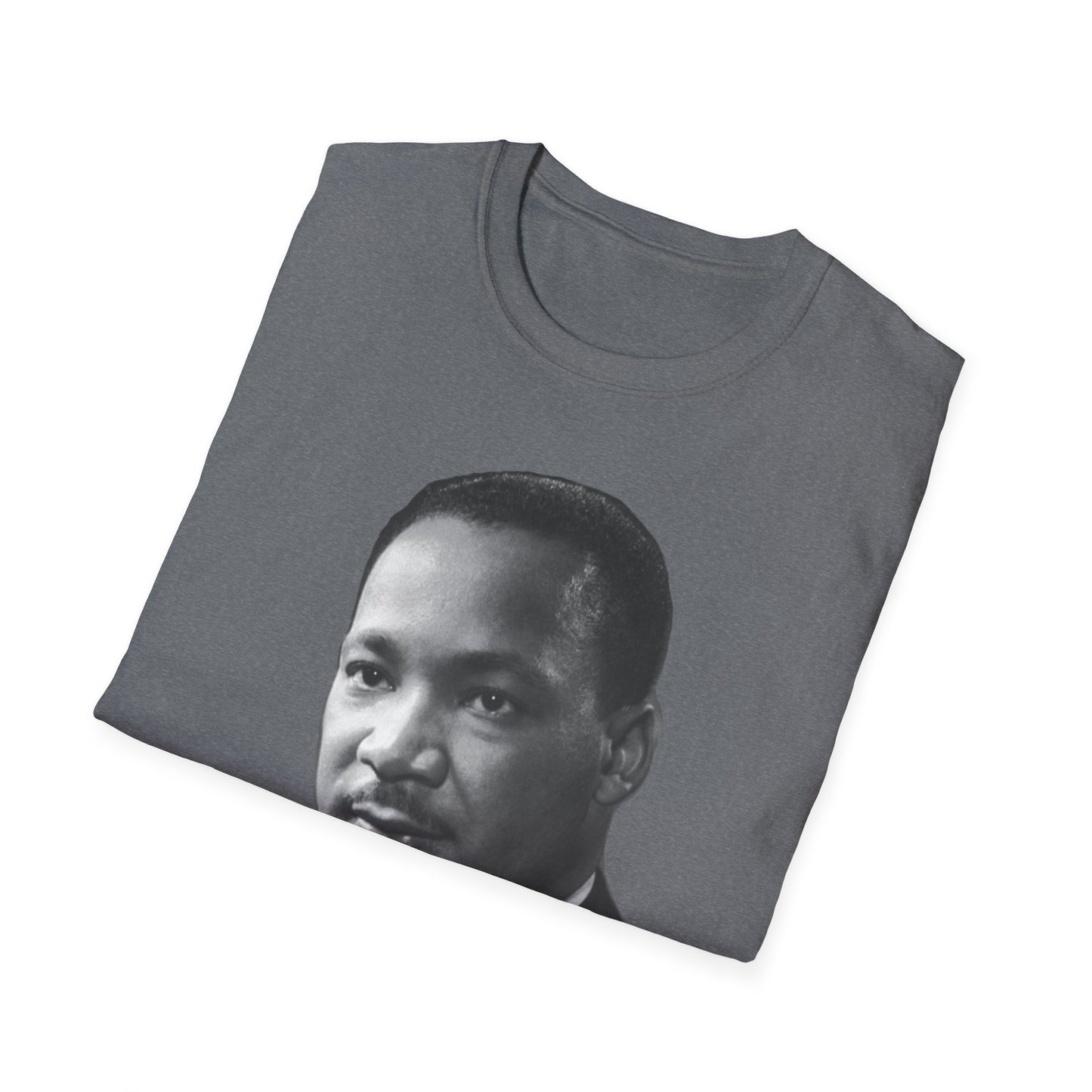 Martin Luther King Jr. Moral Arc Quote Tee – Justice Portrait Shirt (Graphite Heather)