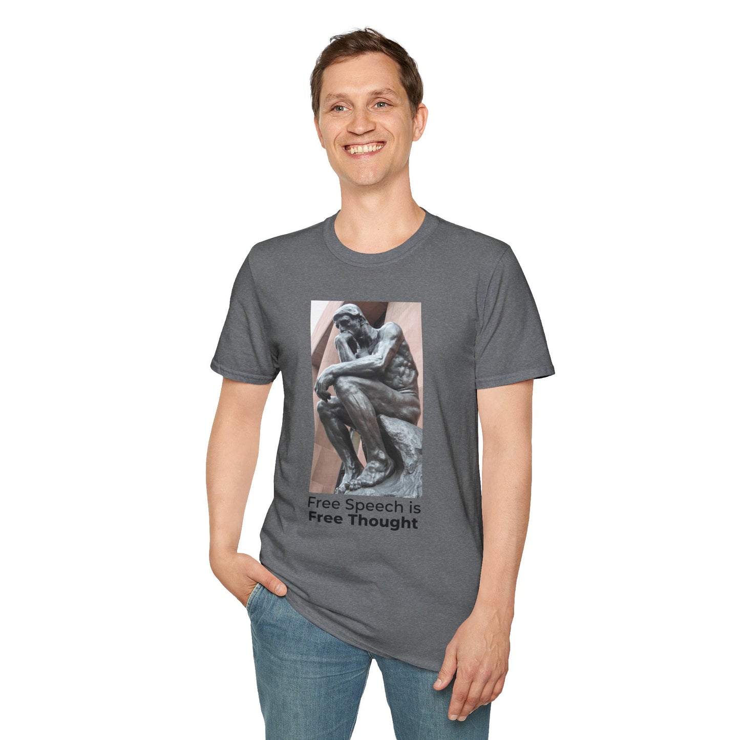 The Thinker Free Speech T-Shirt – Free Thought First Amendment Tee – Profile View – Graphite Heather
