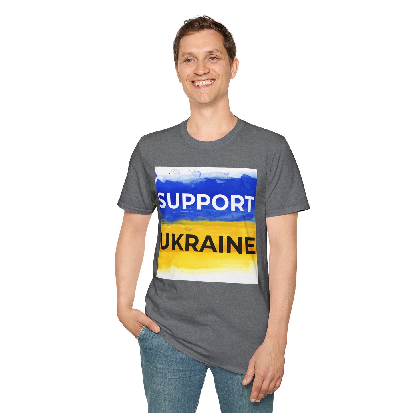 Support Ukraine T-Shirt – Ukrainian Flag Solidarity Tee – Graphite Heather