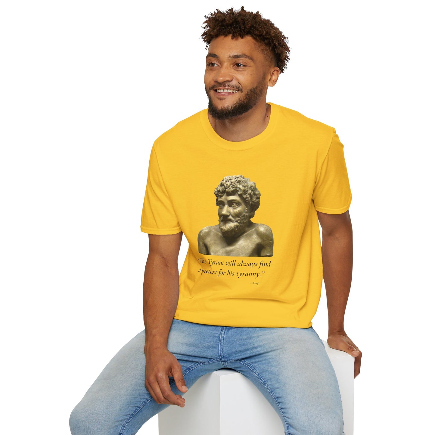 The Tyrant’s Pretext T-Shirt – Aesop Quote Front & Fake Emergencies Back – Yellow edition