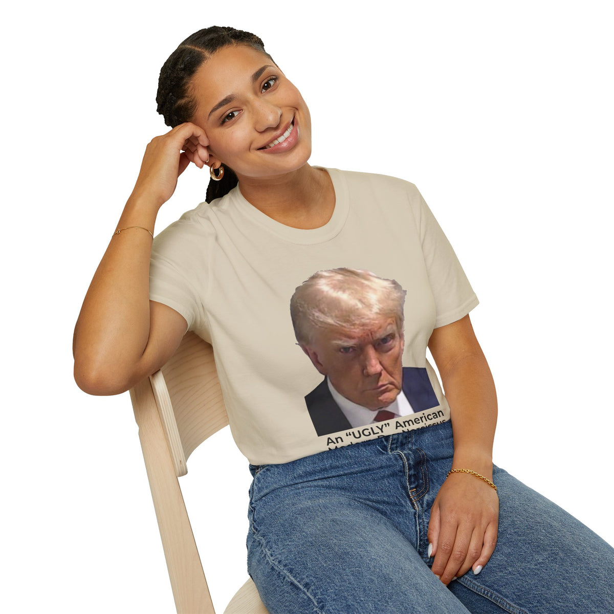 An Ugly American & Modern-Day Narcissus T-Shirt – Two-Sided Political Satire Tee – Sand