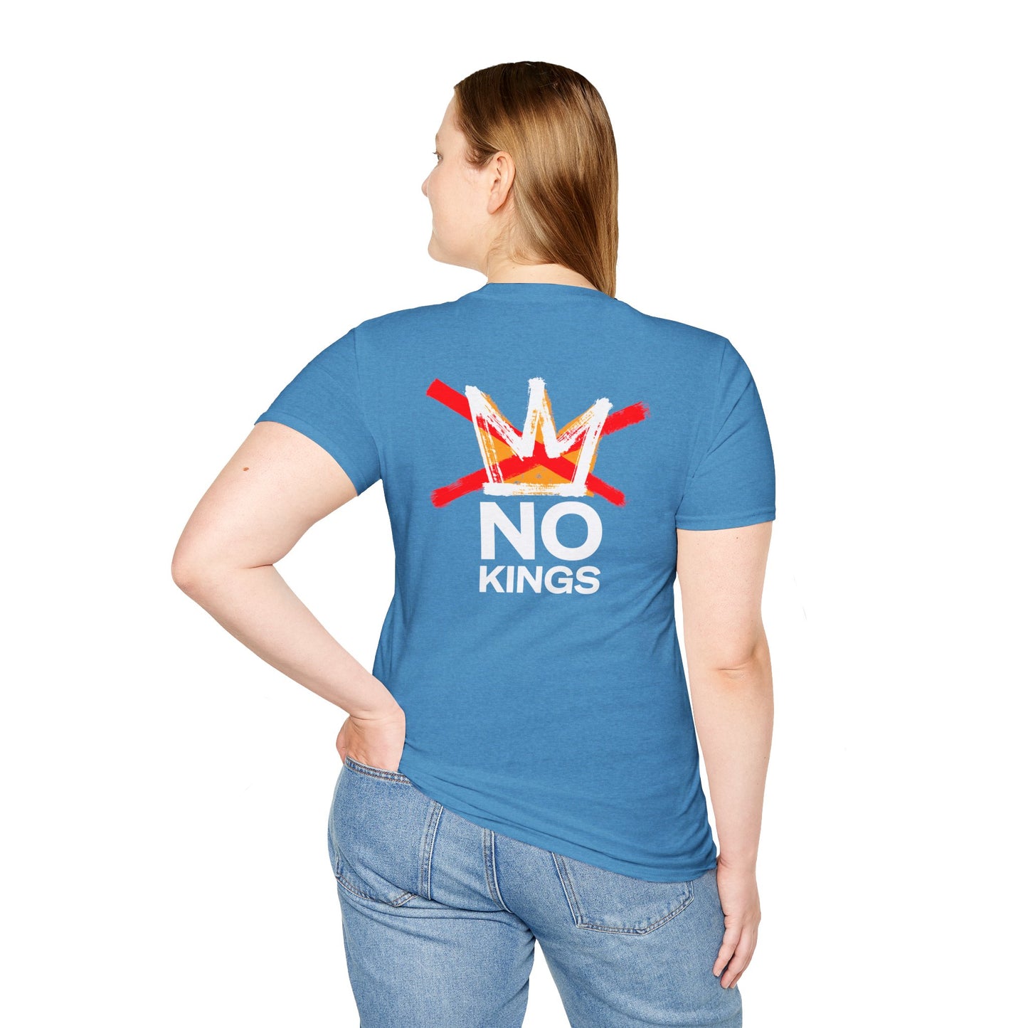 Flipping Off Tyranny: No Kings in America – Two-Sided Statement Tee – Heather Sapphire Blue Edition