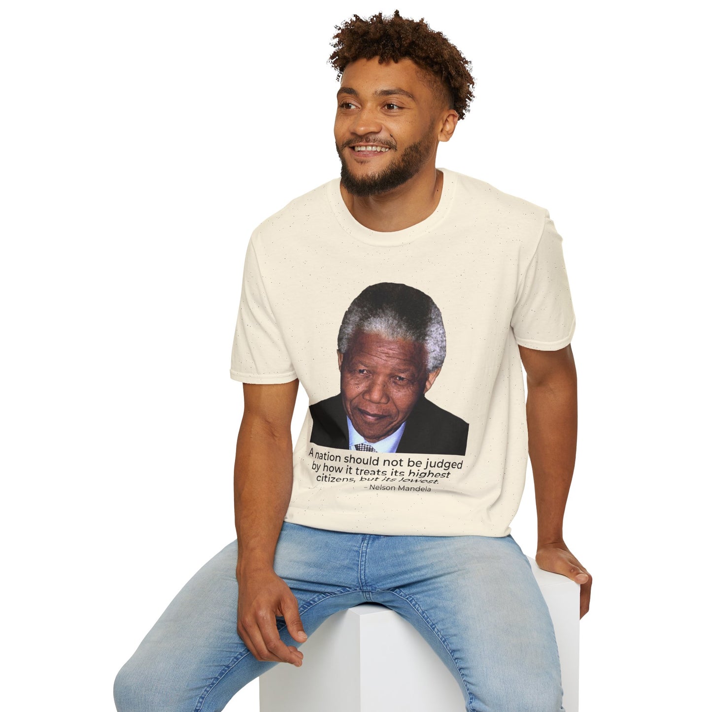 Nelson Mandela Justice Quote T-Shirt – A Nation Is Judged by Its Lowest (Natural)